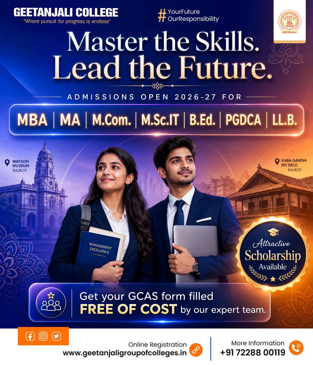 geet_college's tweet photo. 𝗠𝗮𝘀𝘁𝗲𝗿 𝘁𝗵𝗲 𝗦𝗸𝗶𝗹𝗹𝘀. 𝗟𝗲𝗮𝗱 𝘁𝗵𝗲 𝗙𝘂𝘁𝘂𝗿𝗲. ✨
Shape your career with industry-focused
#AdmissionsOpen #GeetanjaliCollege #FutureStartsHere #MBA #MScIT #LLB #Scholarship #Rajkot #HigherEducation #CareerGrowth #GCAS #StudyInGujarat https://t.co/ZmrPRuPmrc