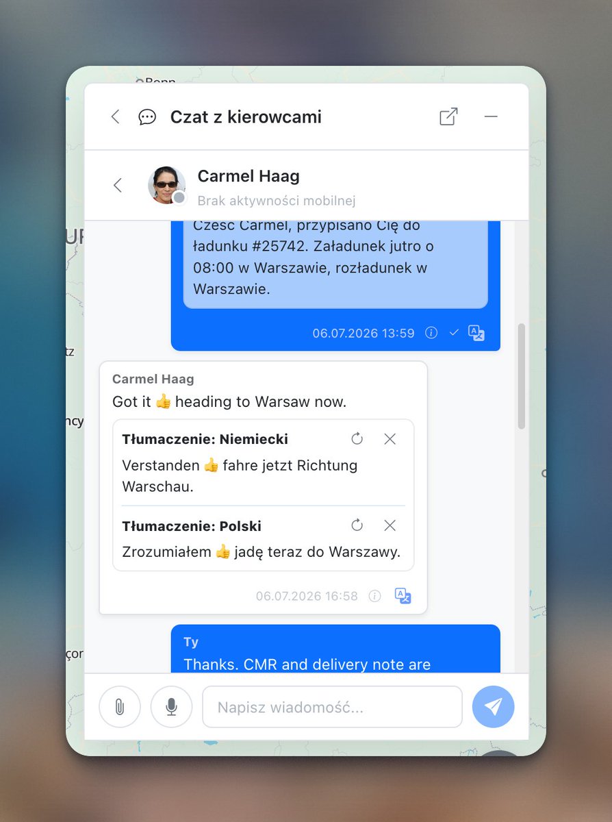 Zafahix's tweet photo. Working on multilingual chat in LiteTMS. Drivers and dispatchers can write or record a message in their own language. Voice notes are transcribed, everything is translated into their preferred languages, and the original audio stays available. This one feels genuinely useful.

#TMS #Transport #TSL
