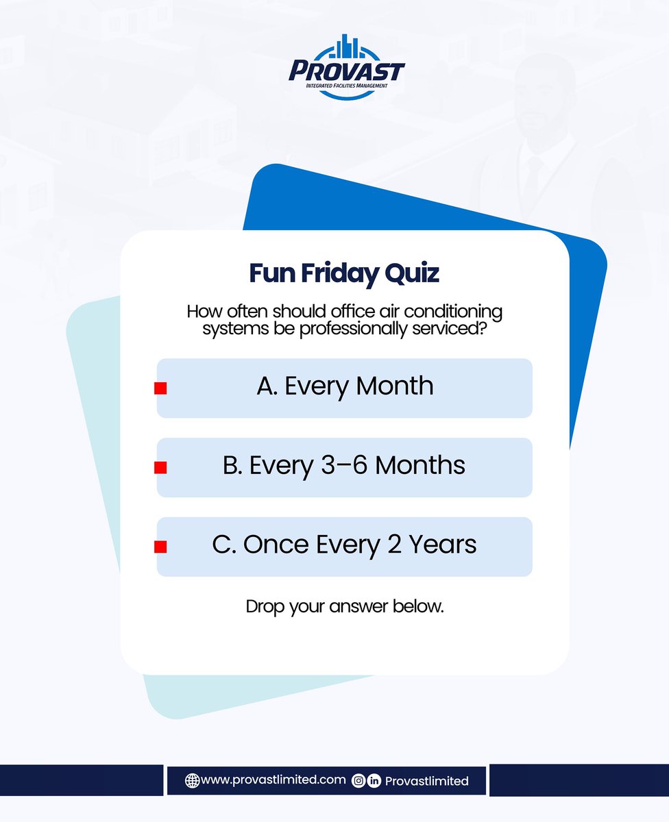 provastlimited's tweet photo. #FunFriday Quiz!

How often should office air conditioning systems be professionally serviced?

A. Every Month
B. Every 3–6 Months
C. Once Every 2 Years

Reply with your answer

#FacilityManagement #HVAC #ProvastLimited https://t.co/vzUIb1II0v