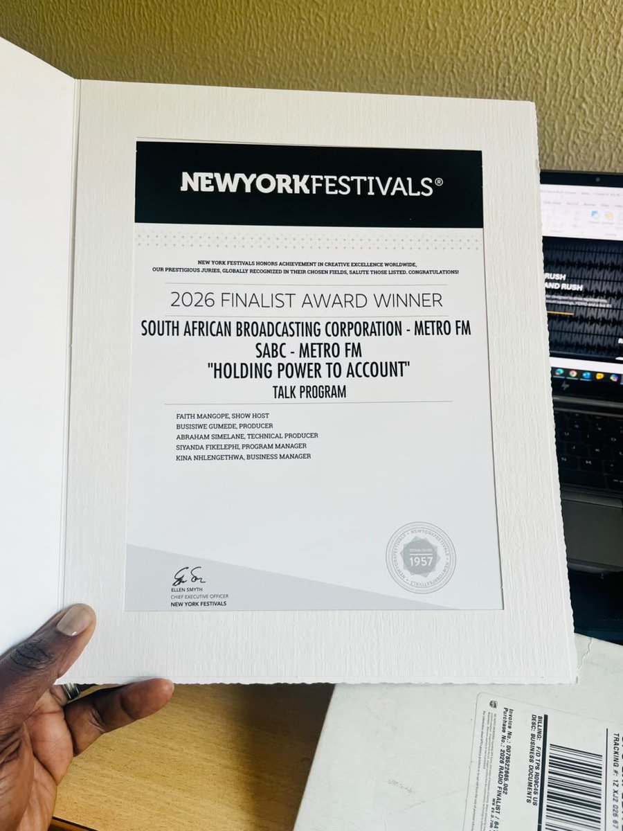 SimpliCity_DJ's tweet photo. 2026 FINALIST AWARD WINNING SHOW. A Confirmation of our win at the New York Radio Festival. “BEST TALK PROGRAM” On @metrofmsa #metrofmtalk #sabc @newyorkfestivals 🥇🎊🎉💥🌍🖼️ https://t.co/vFSFsAZZRs