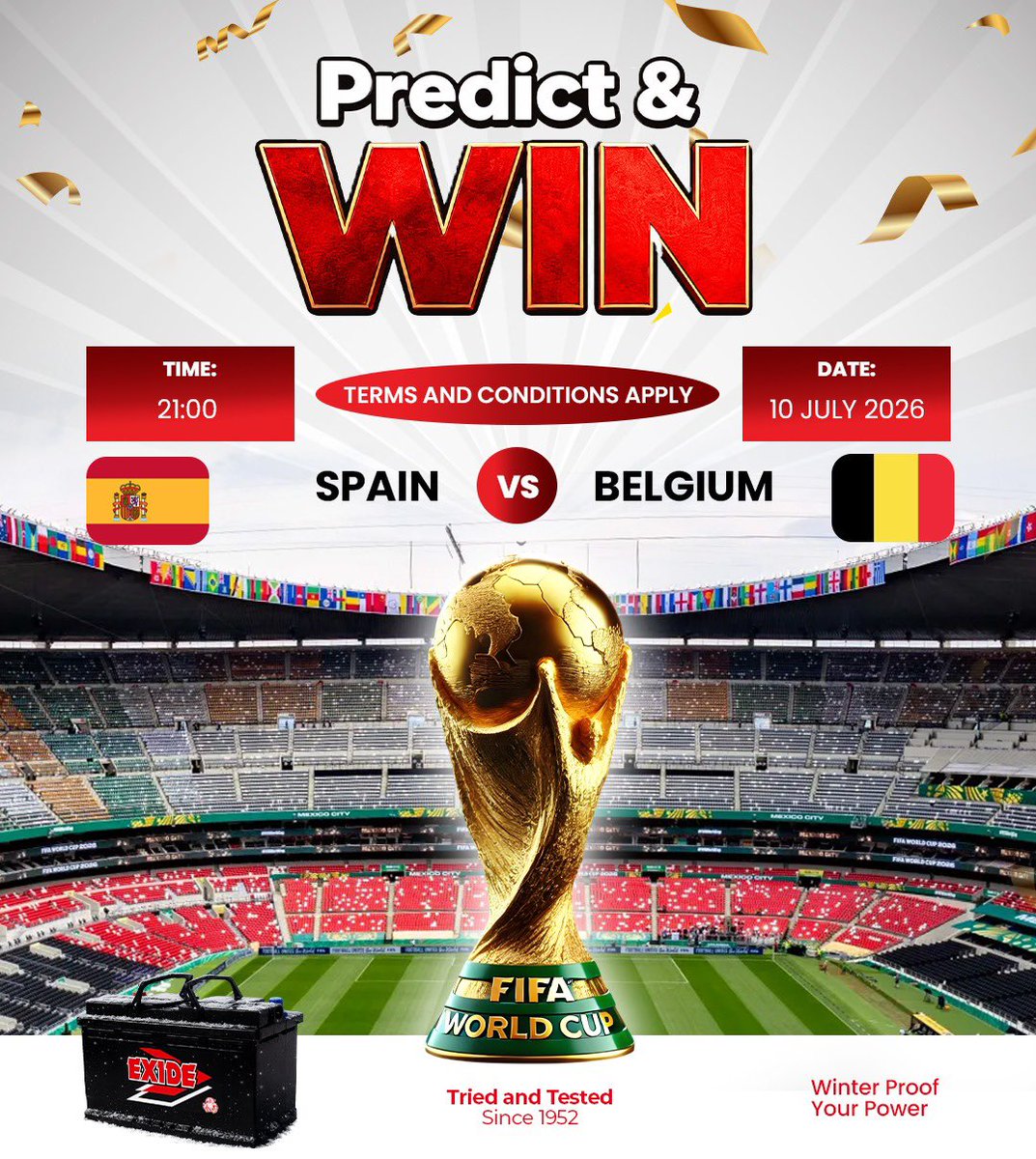 ExideZim's tweet photo. The fun continues.
Predict the winner in today’s quarter final match between Spain and Belgium and stand a chance to win amazing giveaways courtesy of Exide. Terms & conditions apply
#PredictAndWin
#WorldCup2026
#poweredbyexide
@KUDZIELISTER2 @Mavhure
@takemorem1 @EsteemComms https://t.co/kWcGOGTNX4