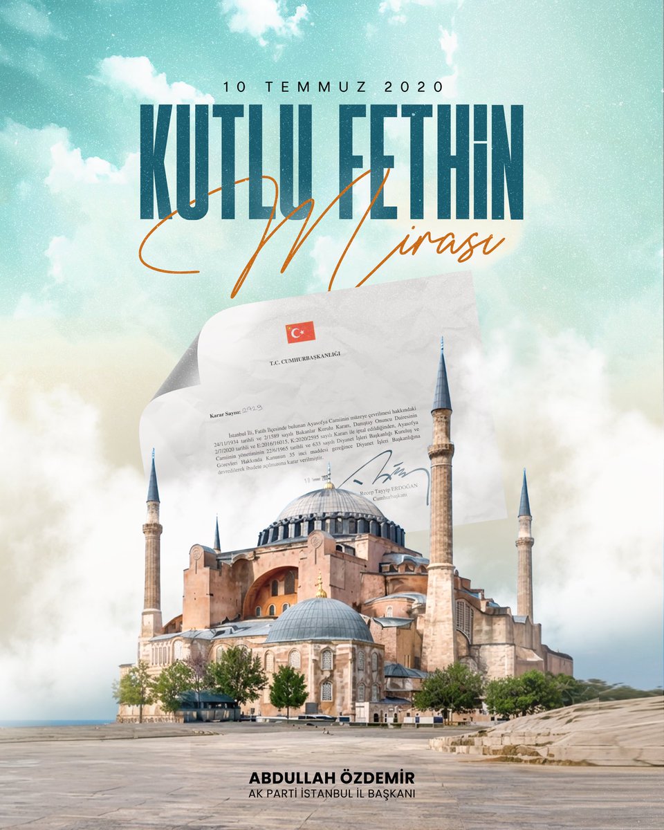 abdullahozdemir's tweet photo. Ayasofya, asırlık esaretinden 10 Temmuz 2020’de kurtuldu. Cumhurbaşkanımız Sayın @RTErdogan imzasıyla zincirlerini kırdı ve yeniden kubbesinde Allah nidaları yükseldi. Adeta uzun süreli bir hastalıktan kurtulmuş gibi yeniden şifa buldu. Var ol Ayasofya!

#AyasofyaCamii https://t.co/PQpwX8zG8q