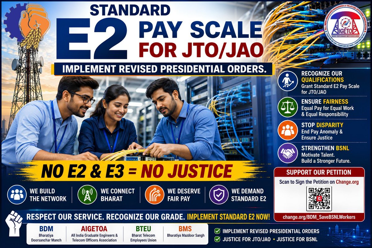 NareshSharma386's tweet photo. Let's strengthen BSNL by strengthening employee confidence.

Implement Standard E2 & E3 Pay Scales and issue the Revised Presidential Orders.

NO PRC = NO JUSTICE ❌
NO E2 & E3 = NO JUSTICE ❌

@PMOIndia @JM_Scindia @DoT_India @PemmasaniOnX @CMDBSNL @BSNLCorporate

#ImplementE2E3Scales #JusticeForBSNLExecutives #NoE2E3NoJustice