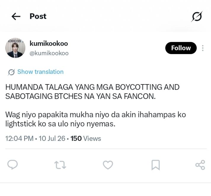 Foxtales_000s's tweet photo. Alam mo ba that this post of yours can have legal consequences? It can fall under Revised Penal Code under Provision and Threats. 

For those na pupunta sa Fancon, please prioritize your safety, and if anything will happen to you, please use keep this screenshot and look for this account @kumikookoo . 

Regardless of whether this was meant as a joke or not, statements about hurting or hitting people at an event are never appropriate and should not be normalized.