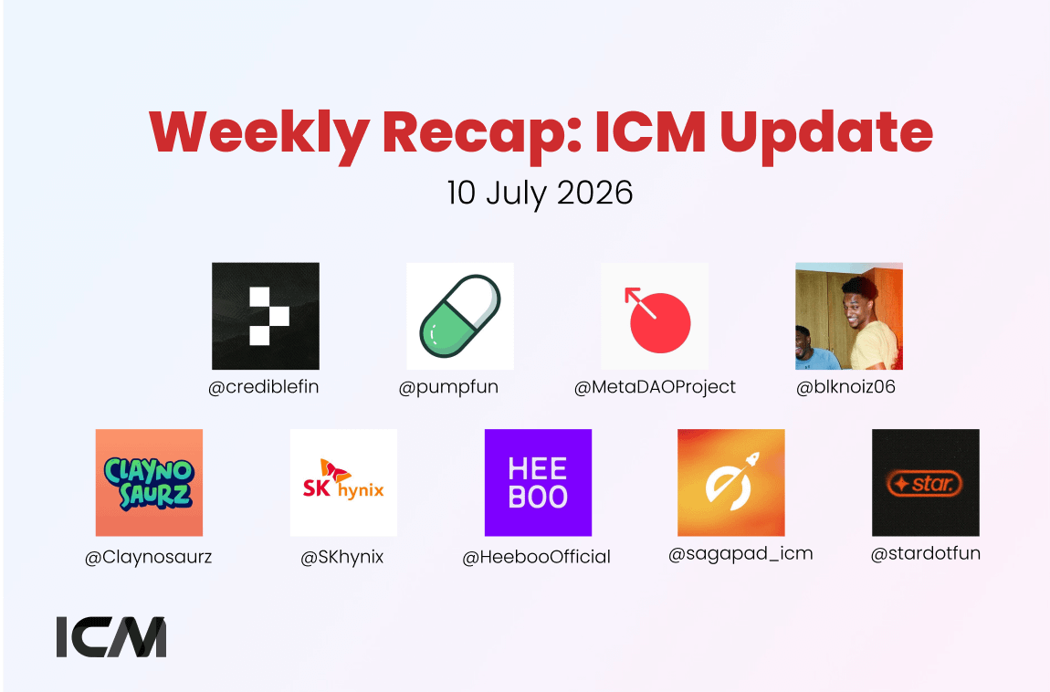 icm_stream's tweet photo. What happened on Solana ICM this week?

> @MetaDAOProject announces the ICO for @crediblefin’s ownership coin on July 13, with $2.315M already soft-committed toward the $4M max raise, securing priority slots with zero retail-pricing advantages

> @Claynosaurz officially rolls out its equity allocation checker following a June 29 snapshot, rewarding long-term holders with a chunk of 15% company equity options alongside their new Collectibles Manifesto

> @sagapad_icm drops Ship Talk #4 on July 10, featuring: @tradefighters, @dumdotfun, and @MentionedMarket ( @colosseum solana frontier hackathon winner)

> @stardotfun introduces the launch of Internet Rounds: a new internet-native, pre-seed layer allowing founders to raise capital globally using equity-backed tokens linked to their cap tables

> @pumpfun is set to unlock 82.5B tokens (~$129M) on July 12, releasing 29.26% of the current circulating supply

> @HeebooOfficial introduces $HEEBOO, the brand new economic layer of fan participation powered by @metaplex on @solana

> @SKhynix IPO hits the US market today with the largest foreign initial share sale in history, raising approximately $26.5 billion; its tokenized stock incoming via @OndoFinance and @Backpack via @sunrise

> @MetaDAOProject holds its inaugural Owners Meeting in San Francisco at the Colosseum office, featuring panels with post/pre-ICO founders, top VCs, and the father of futarchy Robin Hanson

> @blknoiz06 breaks down the $ANSEM flywheel, leveraging creator fees for deeper $SOL liquidity while staggering airdrops via @BullpenFi to mobilize 100k+ holders as a decentralized onboarding and marketing army