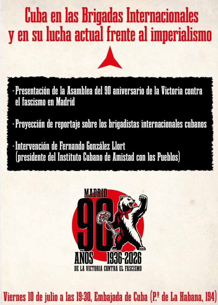 IzcaNacional's tweet photo. Dentro de la campaña @90NoPasaran aniversario de la derrota del golpe fascista y la resistencia antifascista de Madrid, acto HOY en @embaCubaEspana sobre las brigadas internacionales y la heroica resistencia del pueblo de Cuba frente a la ofensiva imperialista/fascista 🇨🇺✊🏻 https://t.co/zRxTUYmPoO
