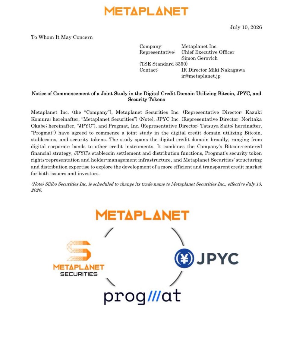 solidintel_x's tweet photo. INTEL: Metaplanet, JPYC and Progmat launch a joint study into Bitcoin-backed digital credit products with 24/7 trading and daily interest accrual https://t.co/AS94GSrmOy
