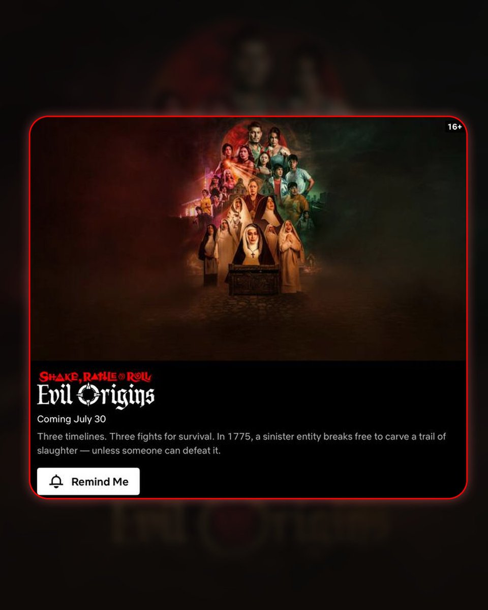 RegalFilms's tweet photo. From 1775 to 2025… all the way to 2050, evil has been waiting.

The 2025 Metro Manila Film Festival Top-Performing Filipino Horror Film, #SRREvilOrigins is finally coming to your screens. Experience the horror all over again.

Streaming on Netflix this July 30. 
#PinoyHorror https://t.co/Mdvsy8UwOI