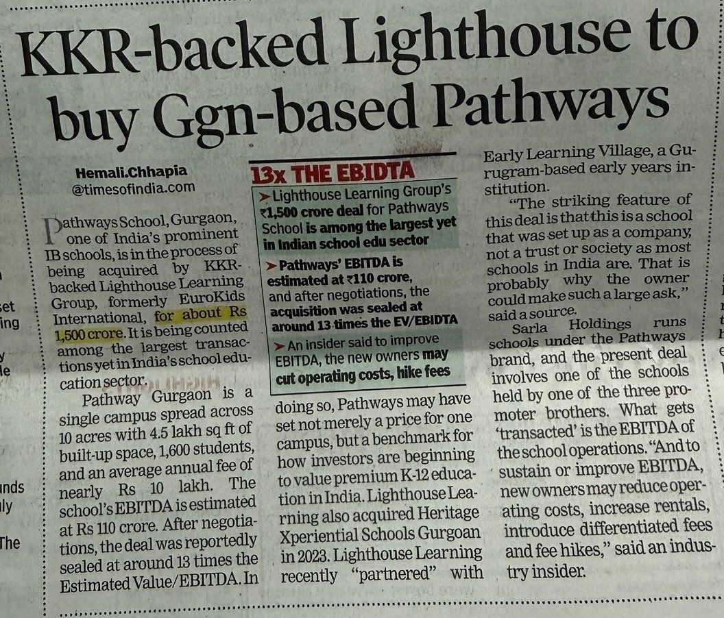 GauravGupta_RE's tweet photo. 1,500 crore for one Gurgaon school!

KKR backed Lighthouse Learning to buy Pathways, Gurgaon. School is on 10 acres has 1 600 students, ~110 crore EBITDA. That is 13x EV/EBITDA, among the largest school deals in India. New owners may cut costs and hike fees! https://t.co/QNqcqSO3AM