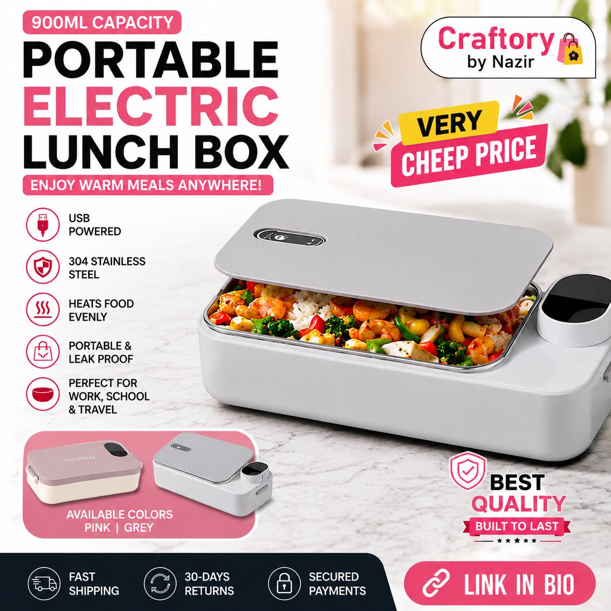 CraftoryByNazir's tweet photo. 🍱 Take hot meals wherever you go!

✔️ 900ML Capacity
✔️ 304 Stainless Steel
✔️ USB Heated
✔️ Portable &amp; Insulated
✔️ Grey &amp; Pink Available

🚚 Fast Shipping
🔒 Secure Checkout

🛒 Order Now:
 https://t.co/moW3UmDjy0

#LunchBox #Kitchen #Travel #ShopNow https://t.co/1QXi7FXvj1