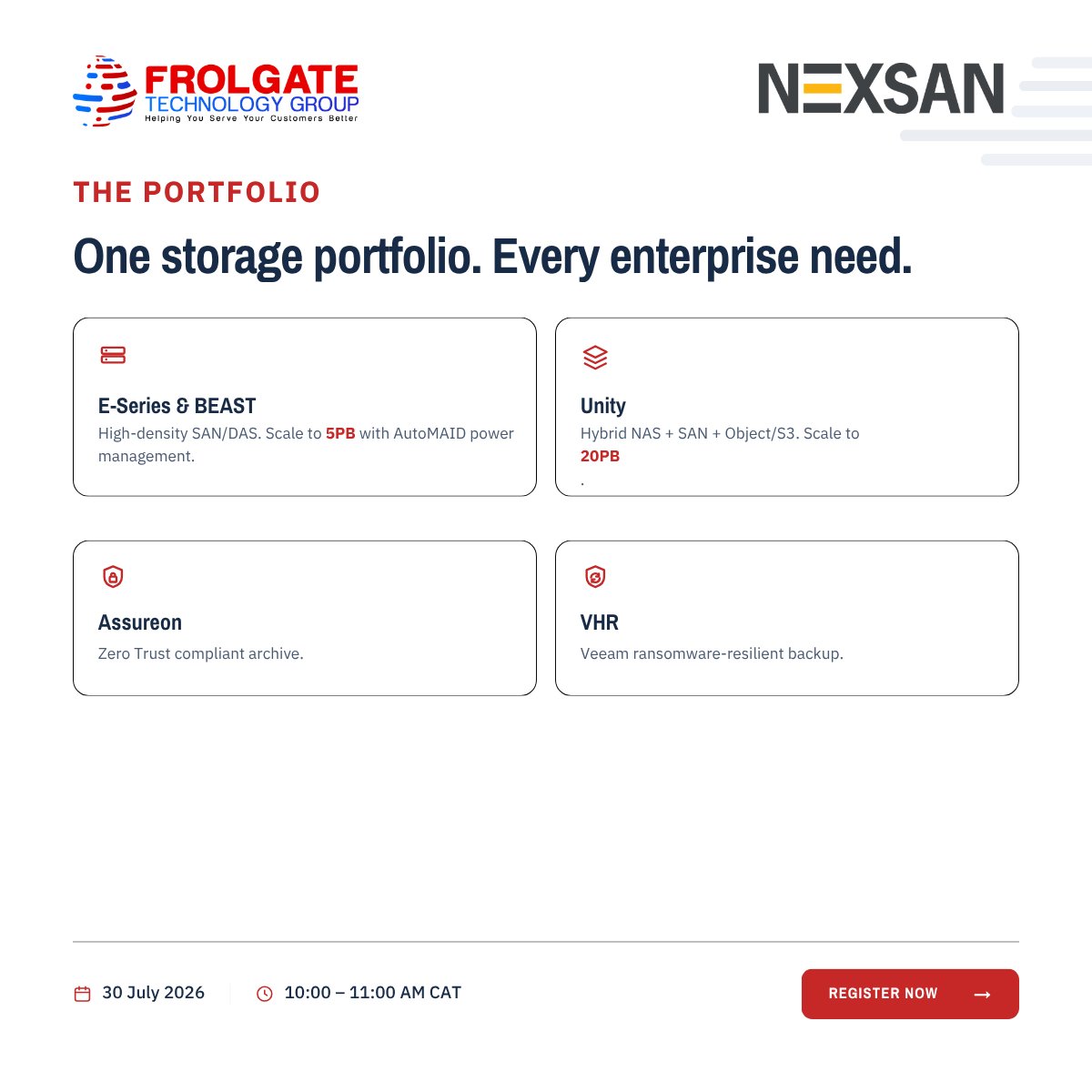 frolgate's tweet photo. Not every workload needs the same storage, but every workload needs it secure.

From high-density SAN/DAS to hybrid cloud, Zero Trust archiving, and ransomware-resilient Veeam backup, the Nexsan portfolio scales from 5PB to 20PB across four purpose-built lines.

One portfolio. Every enterprise need. Without the enterprise storage cost.

Join us on our upcoming webinar, where we go deeper into how each line works, where it fits, and how you can scale securely without the enterprise price tag.

📅 30 July 2026
🕙 10:00 – 11:00 AM CAT

Register: https://t.co/nwaMYWPyJu

#Nexsan #frolgatetechnologygroup #enterprisestorage #cyberresilience #datastorage