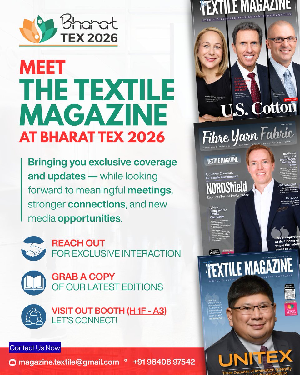 MagazineTextile's tweet photo. Meet The Textile Magazine at Bharat Tex 2026.
Visit us at Booth H1F - A3 for exclusive industry insights, our latest editions, engaging conversations, interviews, partnerships, and media opportunities. Letโs connect!
#BharatTex2026 #TheTextileMagazine #TextileIndustry https://t.co/xF50ZYBI9w