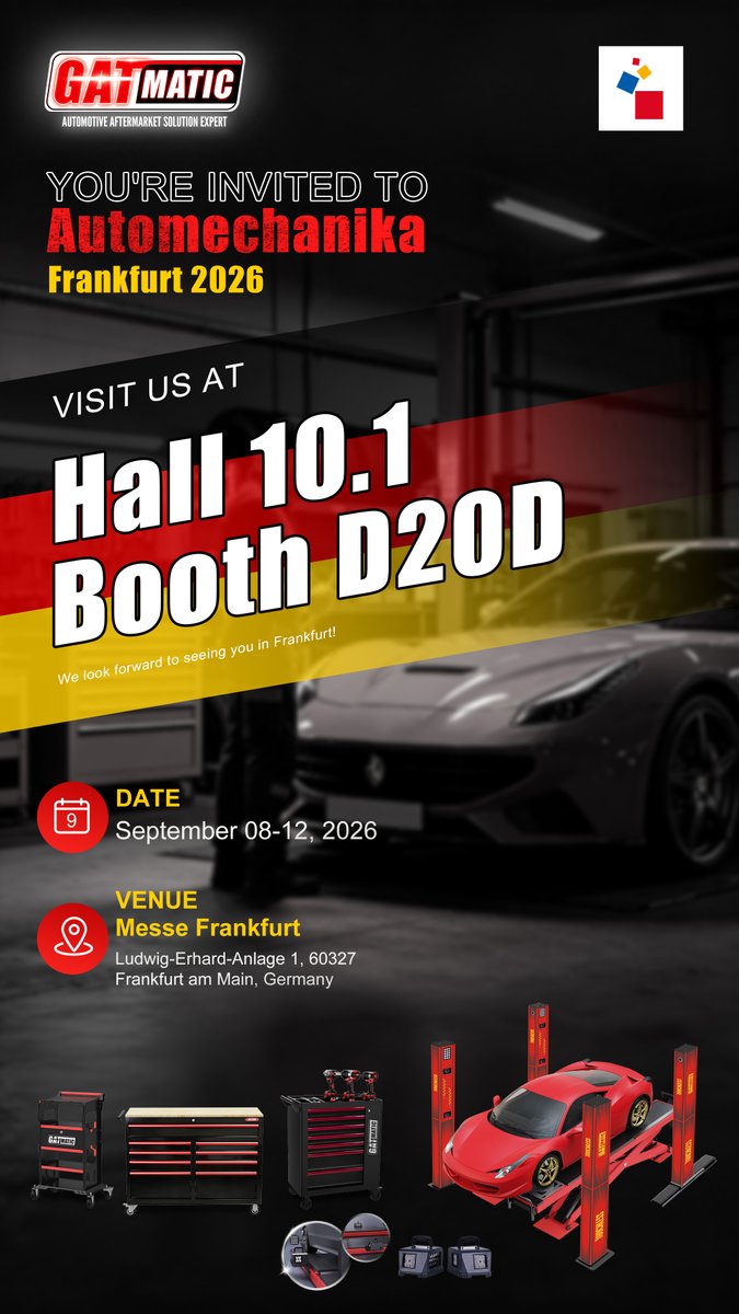 GATmatic_CN's tweet photo. We are thrilled to announce that GATMATIC will be exhibiting at Automechanika Frankfurt 2026
📍 Venue: Messe Frankfurt
📍 Location: Ludwig-Erhard-Anlage 1, 60327 Frankfurt am Main, Germany
🎪 Booth: Hall 10.1, Booth D20D
📅 Date: September 8 – September 12, 2026
#GATmatic https://t.co/Sk4YPzwC8l