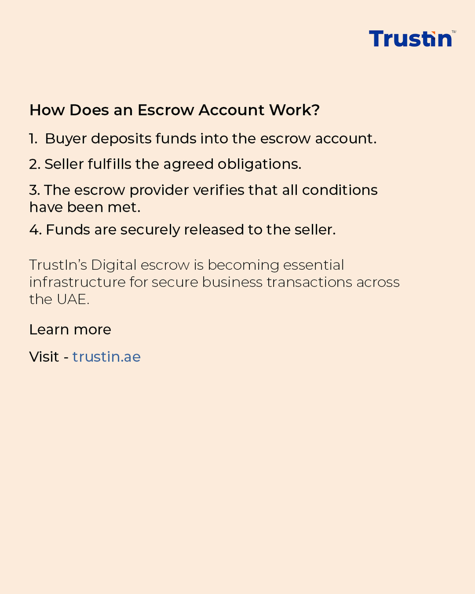 WerTrustIn's tweet photo. An escrow account doesn't replace trust, it institutionalises it.
By linking payment to verified contractual performance, TrustIn’s digital escrow reduces counterparty risk across high-value transactions.
🔐 Secure every transaction
👉🔗 https://t.co/jXW85MTcDH
#TrustIn #UAE https://t.co/CeX8Nthz9Y