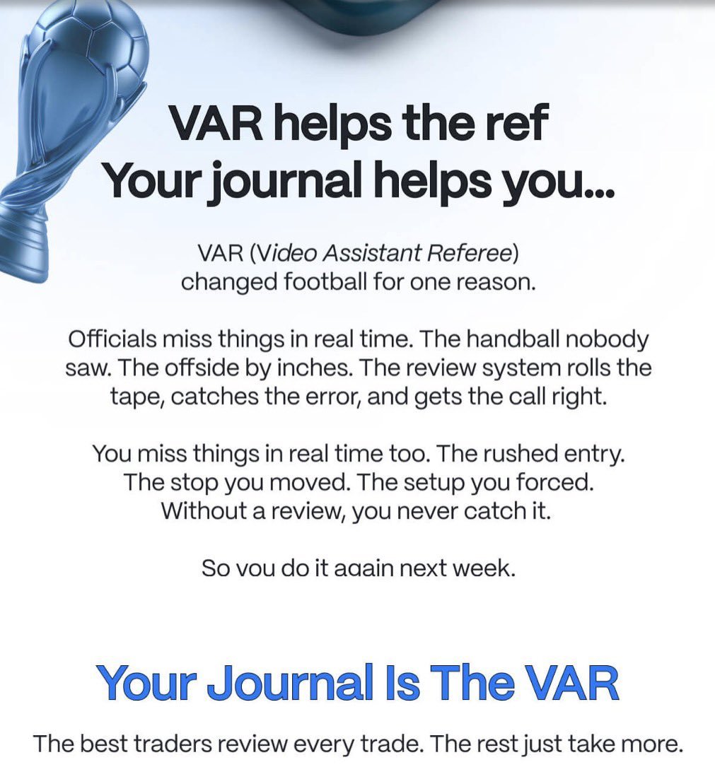 jekzcharlez's tweet photo. The best traders don't just execute trades they review them.

In football, VAR exists to review key decisions before the game moves on.

In trading, your journal is your VAR. It reveals your mistakes, reinforces your strengths, and helps you make better decisions over time.

So ask yourself: Are you reviewing every trade, or just hoping for better results?

If you don't have a structured trading journal yet, @AquaFunded provides one to help you track your performance, identify patterns, and improve with every trade.

Use the link below to create your AquaFunded account and start trading with the tools designed to help you grow.

https://t.co/bRRg4alSKy