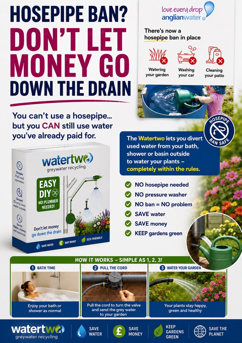 WatertwoSales's tweet photo. 🌞 Hosepipe ban? No problem.

You’ve already paid for the water from your bath and shower… why let it disappear down the drain?

The Watertwo diverts greywater safely to your garden, helping keep plants alive during hot weather.

💧 Reuse water
🌿 Keep gardens green https://t.co/QyMpVSiy4K