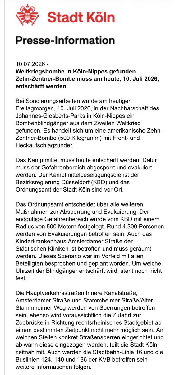 Koelntouri's tweet photo. 10-Zentner-Weltkriegsbombe in Köln-Nippes gefunden, die noch heute (10.07.) entschärft werden muss. https://t.co/akmlMcjTv4