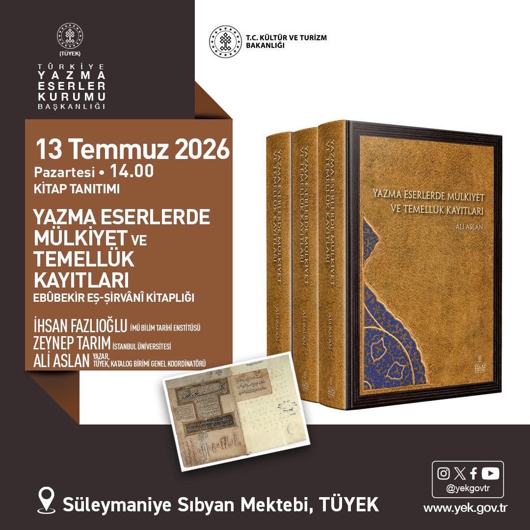 yekgovtr's tweet photo. Reîsülküttâb Ebû Bekir eş-Şirvânî’nin dağınık kitaplığını yeniden bir araya getirerek bu nüshalarda yer alan kayıtlar üzerinden yazma eserlerde mülkiyetin keyfiyetini ve temellük kayıtlarını, bu denli büyük bir veriden hareketle ilk kez bütüncül bir yöntemle ele alan “Yazma Eserlerde Mülkiyet ve Temellük Kayıtları”, TÜYEK Yazma Eser İnceleme ve Araştırma Serisi'nin ikinci kitabı olarak basılmıştır. Yazma eser araştırmalarına önemli katkı sunacak kitabın tanıtım ve değerlendirme toplantısına katılımınızdan mutluluk duyarız.