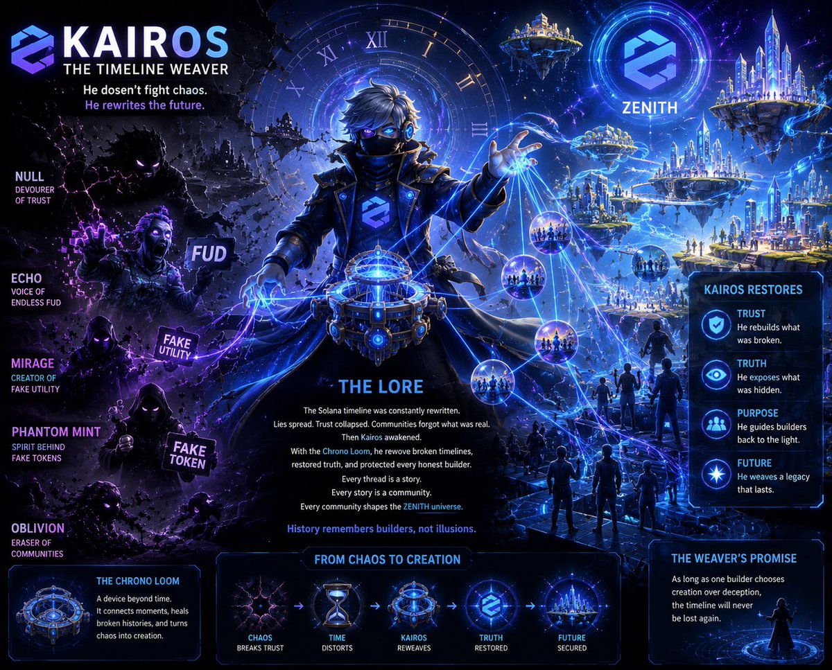 Crypto_nurse001's tweet photo. Meet KAIROS — The Timeline Weaver.
FUD spreads.
Fake Utility deceives.
Fake Tokens appear.
Kairos restores trust.
He doesn't fight chaos. He rewrites the future.
History remembers builders, not illusions.
@ZENlTH_Crypto
#ZENITH #Solana https://t.co/kTuzoIsLZv