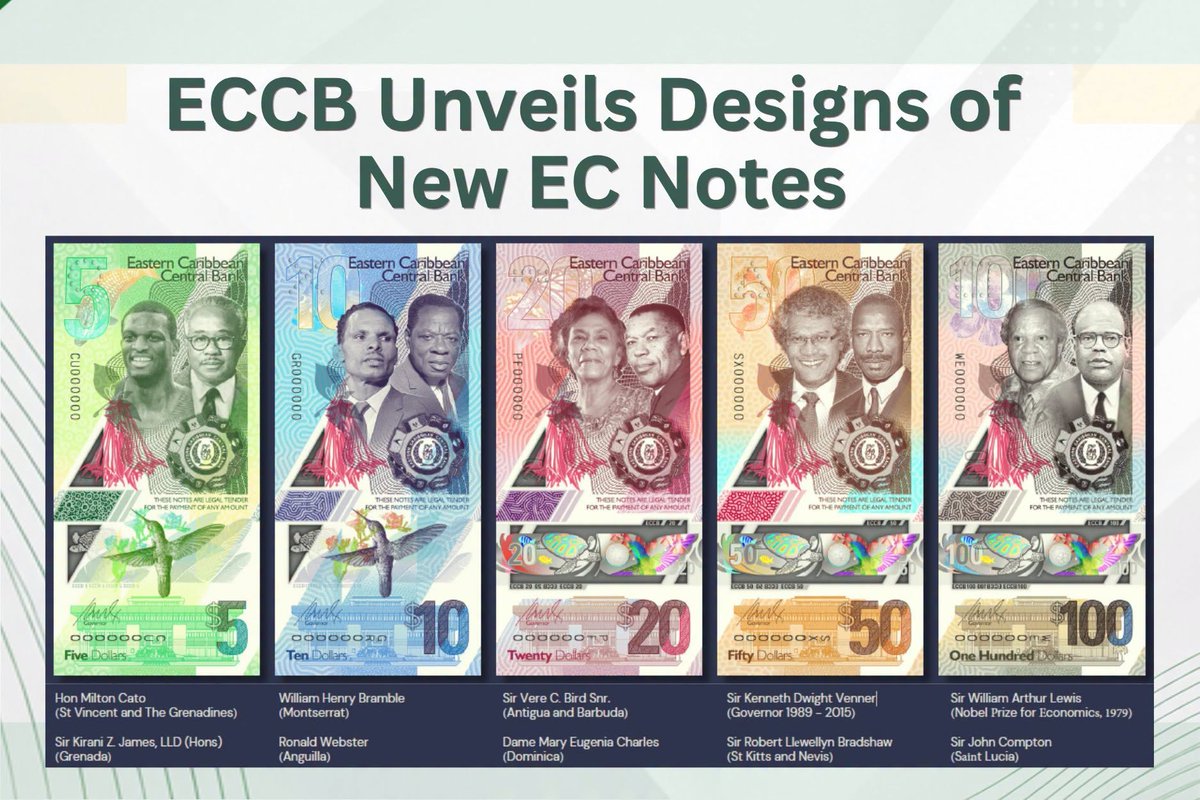 SkerritR's tweet photo. Honourable Dame Mary Eugenia Charles, who served as Prime Minister of Dominica from 1980 to 1995, is featured on the newly redesigned EC$20 banknote issued by the Eastern Caribbean Central Bank (ECCB), a proud moment for Dominica.

The announcement was made during the ECCB Monetary Council's Unveiling of the Notes Ceremony in Dominica on Thursday evening. The redesigned banknotes honour distinguished national heroes and prominent figures from across the Eastern Caribbean Currency Union, celebrating their lasting contributions to the region's development.