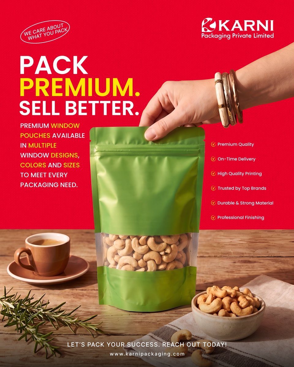 karni_packaging's tweet photo. Pack premium. Sell better. π¦
Premium window pouches β multiple designs, colors & sizes. High quality printing, durable material & on-time delivery.
Trusted by top brands. π‘οΈ
π https://t.co/8s0VaLLh9p
#WindowPouches #KarniPackaging #PremiumPackaging https://t.co/yjIZujmGh7