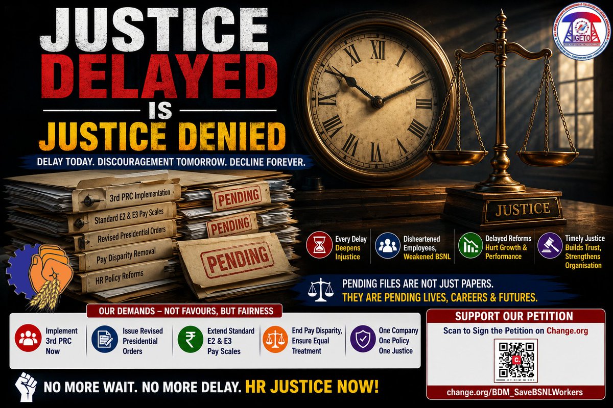 aigetoachq's tweet photo. Strong organisations are built when employees believe that genuine concerns receive timely attention. Resolving the E2 & E3 standard pay scale issue will reinforce that confidence.
AIGETOA remains committed to pursuing the matter through constructive engagement, detailed submissions and persistent follow-up until a logical conclusion is reached.
❌ NO E2 & E3 = NO JUSTICE
✅ Implement Standard E2 for JTO/JAO
 ✅ Implement Standard E3 for SDE/AO
#ImplementE2E3Scales #NoE2E3NoJustice
#JusticeForBSNLExecutives
#E2ForJTO_JAO #E3ForSDE_AO
#BDM #AIGETOA #BTEU #3rdPRC
@PMOIndia @JM_Scindia @DoT_India @PemmasaniOnX @DrJitendraSingh @mansukhmandviya @CMDBSNL @BSNLCorporate
@ETTelecom @Money9Live @BDM_BSNL @BMSkendra @BmsBojji @GSAIGETOA @gsbteubsnl