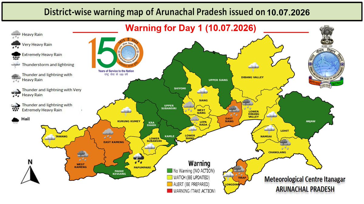 CenterItanagar's tweet photo. Warning, Forecast maps for Arunachal Pradesh on 10.07.2026 https://t.co/cssIALAj5E