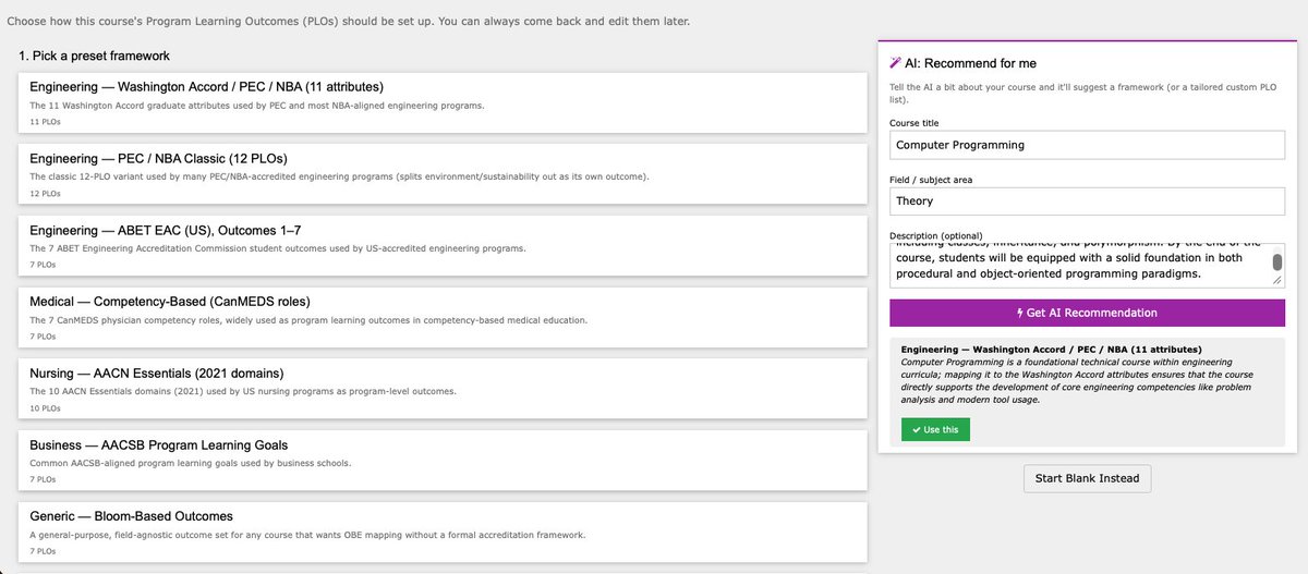 ProfDeskApp's tweet photo. Setting up OBE just got easier. ProfDesk's new PLO wizard lets you pick from real accreditation frameworks (Washington Accord, ABET, CanMEDS + more) or get an AI recommendation tailored to your course. Formal program or hobby class, your outcomes are mapped in seconds. https://t.co/nSHjbygh0z