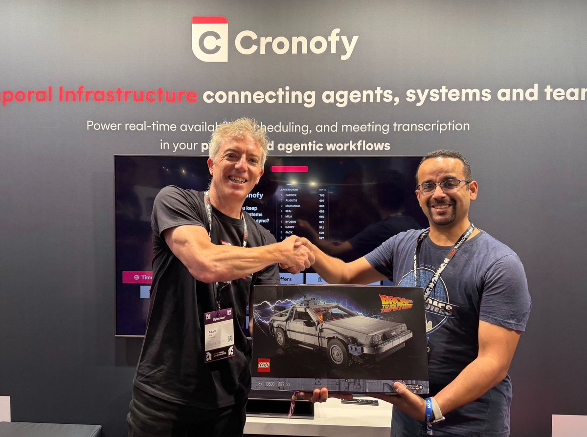 cronofy's tweet photo. Congratulations to Mostafa, who won the LEGO DeLorean in yesterday's raffle. Now Mostafa has a much better way to control time. Just like Cronofy, which gives you full control over calendar sync, scheduling, meeting intelligence, and more.
#WeAreDevelopers https://t.co/1yNO4n1y59