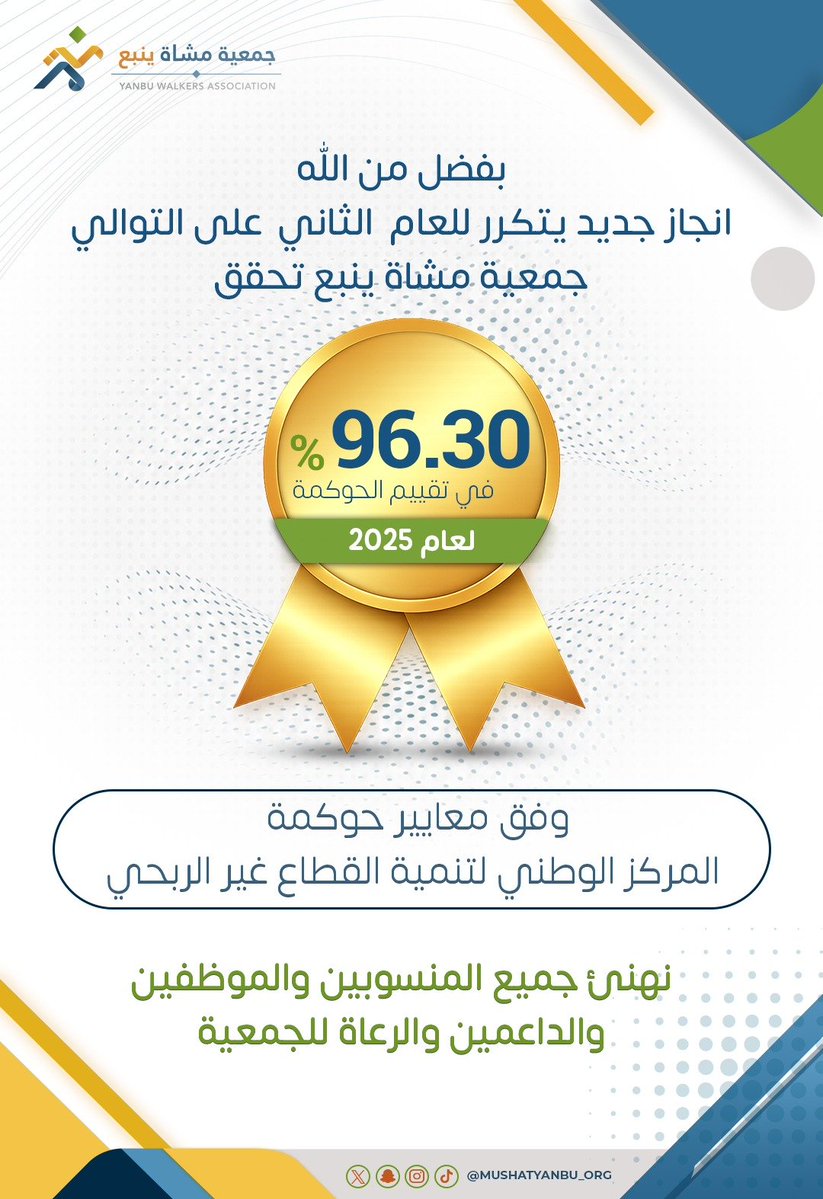 mushatyanbu_org's tweet photo. بحمد الله وتوفيقه حققت #جمعية_مشاة_ينبع درجة 96.30٪ في تقييم #الحوكمة لعام 2025 وللعام 2️⃣ على التوالي |

إنجاز يعكس التزام الجمعية بالعمل المؤسسي المرتبط بالشفافية والامتثال والسلامة المالية سعيا نحو استدامة حقيقية وأثر مجتمعي أكبر |

كل الشكر والتقدير لمجلس الإدارة وفريق العمل والمنسوبين وشركاء النجاح والرعاة ولكل من أسهم في تحقيق هذا المنجز |

ماضون بثقة نحو مزيد من التميز والعطاء بإذن الله |