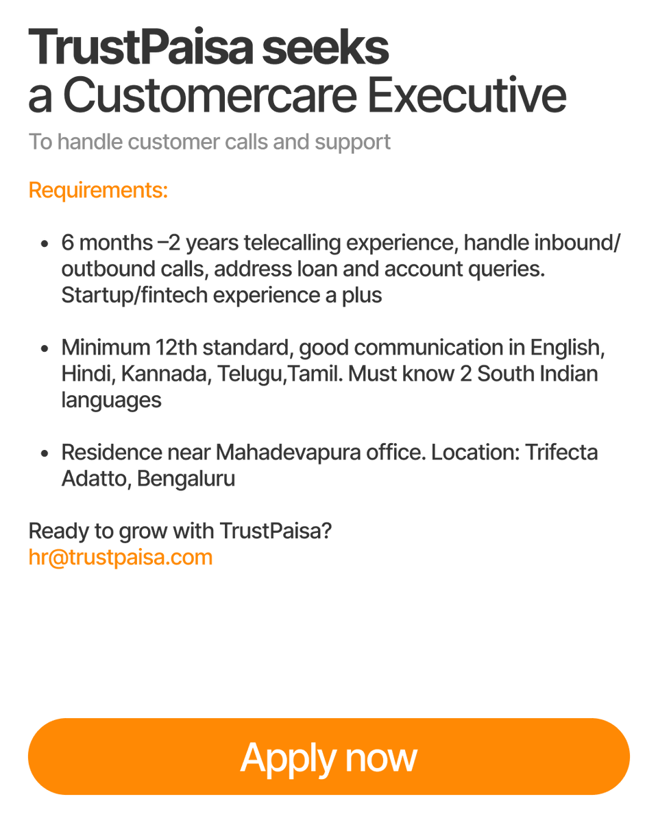 TrustPaisa's tweet photo. https://t.co/31sRui4uoI
We're hiring Customer Care Executives 

Join our WhatsApp community for instant job alerts
https://t.co/kMjnTZZmlP

#TrustPaisa #fingular #Hiring #CustomerCareExecutive #CustomerSupport  #Bengaluru  #CareerGrowth #JoinOurTeam #CustomerService #HiringAlert https://t.co/RHhEv0wgrL