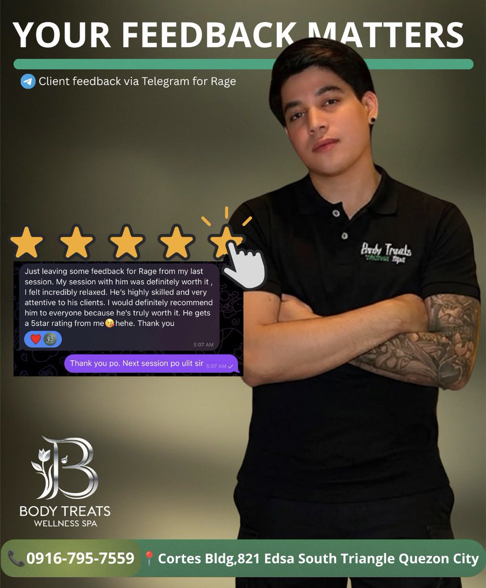 btwsreviews's tweet photo. 💚 Another round of positive client feedback for Rage &amp; RJ!

Thank you for consistently delivering a relaxing and satisfying wellness experience. Keep up the great work!

#ClientFeedback #BodyTreats #Wellness https://t.co/kd1vdmWvUz