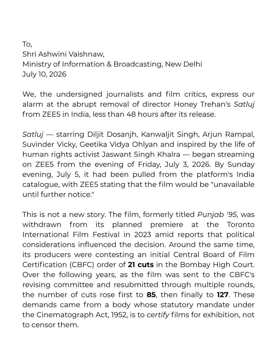LunkyFallow's tweet photo. STATEMENT from 50 journalists and film critics condemning the censorship of SATLUJ and its removal from ZEE5 less than 48 hours after release.

We call for transparency, due process, and stand in solidarity with the makers.

@AshwiniVaishnaw @MIB_India https://t.co/RPLaYcnw1y