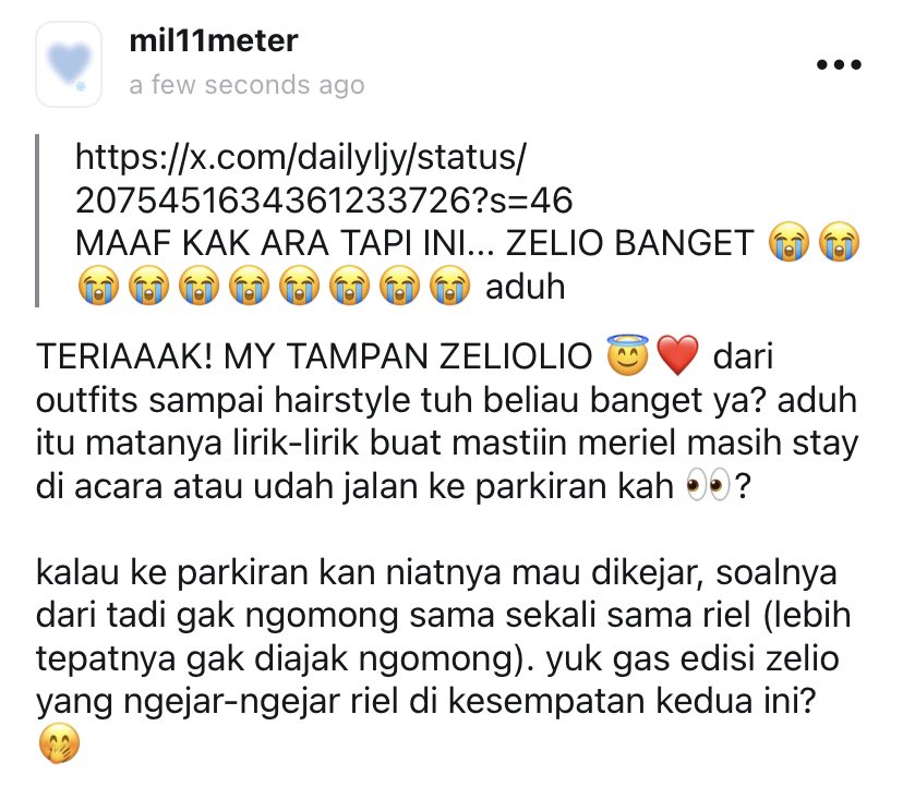 mil11meter's tweet photo. ❓ https://t.co/EhxTDStu9N
MAAF KAK ARA TAPI INI... ZELIO BANGET 😭😭😭😭😭😭😭😭😭😭 aduh
💬 TERIAAAK! MY TAMPAN ZELIOLIO 😇❤️ dari outfits sampai hairstyle tuh beliau banget ya? aduh itu matanya lirik-lirik buat... | ratelio https://t.co/4Loa1gTM8q #zelio https://t.co/jDpJM6nTDS