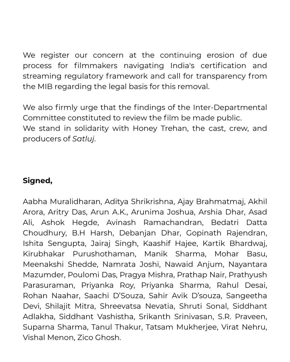 LunkyFallow's tweet photo. STATEMENT from 50 journalists and film critics condemning the censorship of SATLUJ and its removal from ZEE5 less than 48 hours after release.

We call for transparency, due process, and stand in solidarity with the makers.

@AshwiniVaishnaw @MIB_India https://t.co/RPLaYcnw1y
