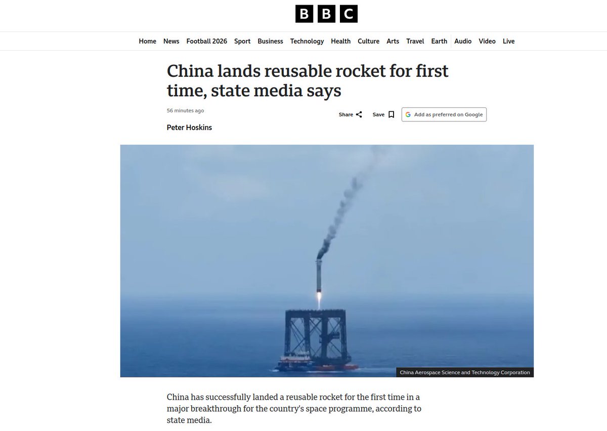 BrianJBerletic's tweet photo. 🇨🇳China Lands First Stage Rocket For First Time - Only the 2nd Country to Do So After the US

▪️China's state enterprise, China Academy of Launch Vehicle Technology (CALT)  has successfully launched and recovered the first stage of its Long March 10B carrier rocket; 

▪️The first stage successfully helped launch a functional satellite payload into orbit before guiding itself to a recovery ship at sea where it landed under its own power; 

▪️Note how nasty the BBC is - "state media says," as if it might not actually be true - despite literal video footage of it doing so; 

▪️China has surpassed the US by virtually every conceivable metric with few exceptions including space launch capabilities, AI, and several others - however today's success poises China to inevitably surpass the US in this realm as well- with all other gaps closing also; 

▪️Imagine if US leadership (corporations/policymakers/politicians) weren't so obsessed with power and profit and infected with a false sense of superiority - what the US and China could achieve together?

▪️Unfortunately - while the world should cheer on these successes as collective achievements for humanity - the US will only see this success as impetus for increased aggression, confrontation, propaganda, and chaos...