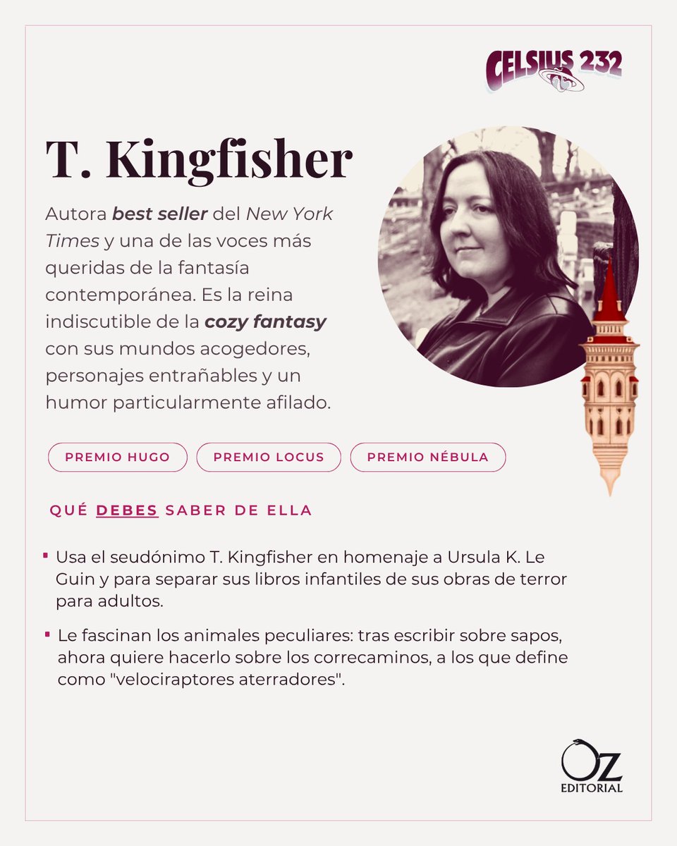 Oz_Editorial's tweet photo. La maravillosa T. Kingfisher @UrsulaV, autora de "Corazón de acero", es una de las invitadas al #festivalcelsius y estos son los horarios de sus actividades 📚

ENCUENTRO CON T. KINGFISHER

⏲️ Miércoles 15 de julio - 17:00h
📌 Auditorio de la Casa de la Cultura

#OzEditorial https://t.co/KuRK1jj6dh