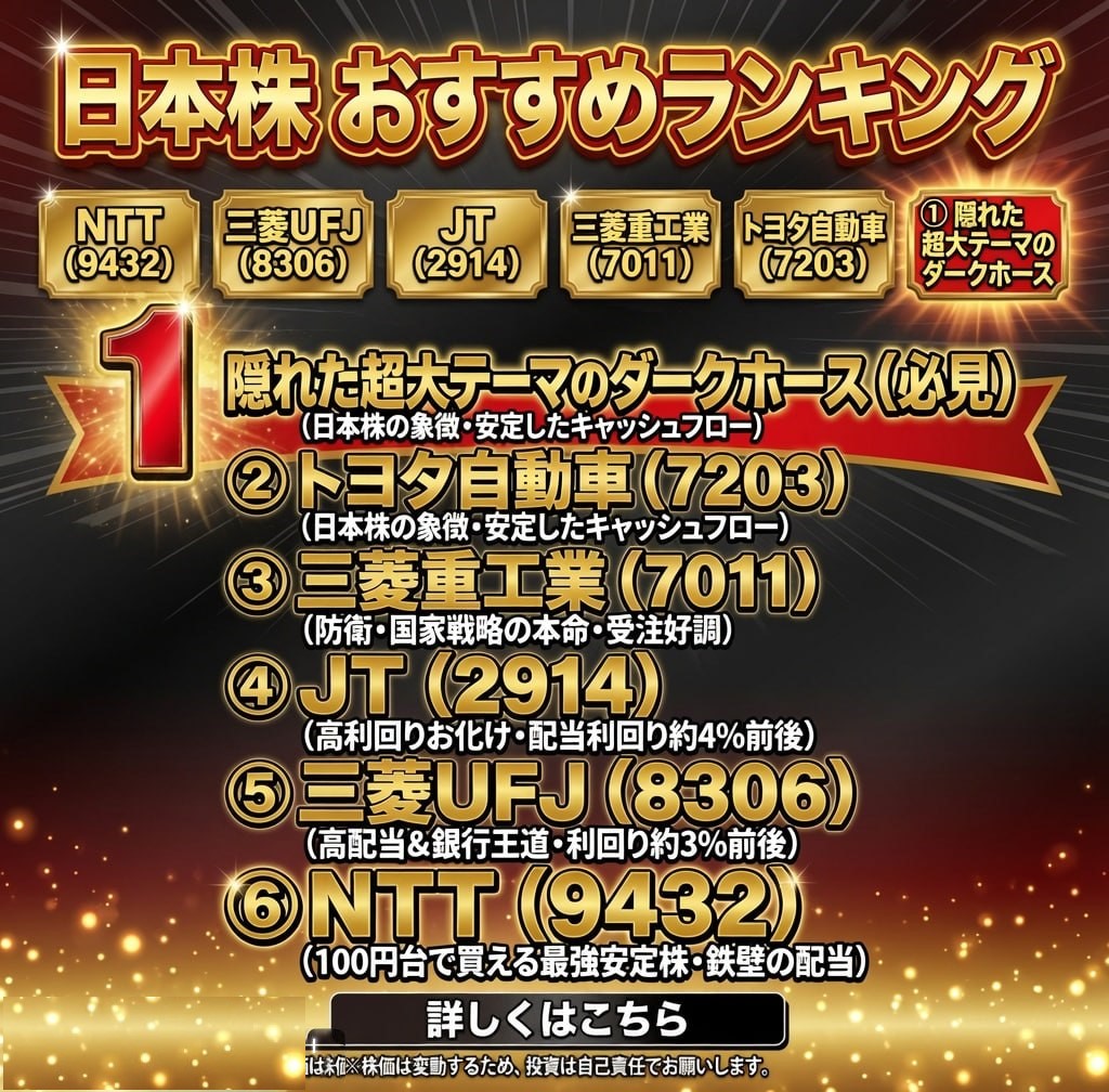 michin_sseulegi's tweet photo. もう一度だけ言う。
買わない理由がない日本株6選
⑥ NTT (9432)
（100円台で買える最強安定株・鉄壁の配当）

⑤ 三菱UFJ (8306)
（高配当＆銀行王道・利回り約3%前後）

④ JT (2914)
（高利回りお化け・配当利回り約4%前後）

③ 三菱重工業 (7011)
（防衛・国家戦略の本命・受注好調）
⤵️⤵️⤵️ https://t.co/piIQsNw3sH