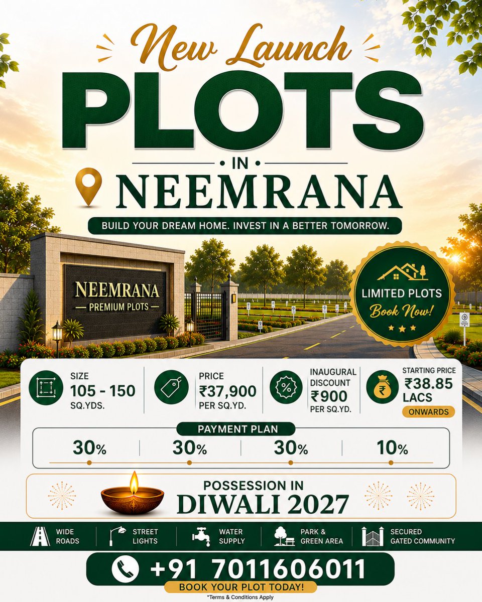 roofnfloors's tweet photo. 🏡 New Launch | Premium Plots in Neemrana
📍 105–150 Sq. Yds.
💰 Starting from ₹38.85 Lakhs Onwards*
🎉 ₹900/Sq. Yd. Inaugural Discount
💳 30-30-30-10 Payment Plan
🪔 Possession by Diwali 2027
📞 +91 7011606011
#Neemrana #RealEstate #PlotsForSale #PropertyInvestment #NewLaunch https://t.co/HDXPIZKnwN