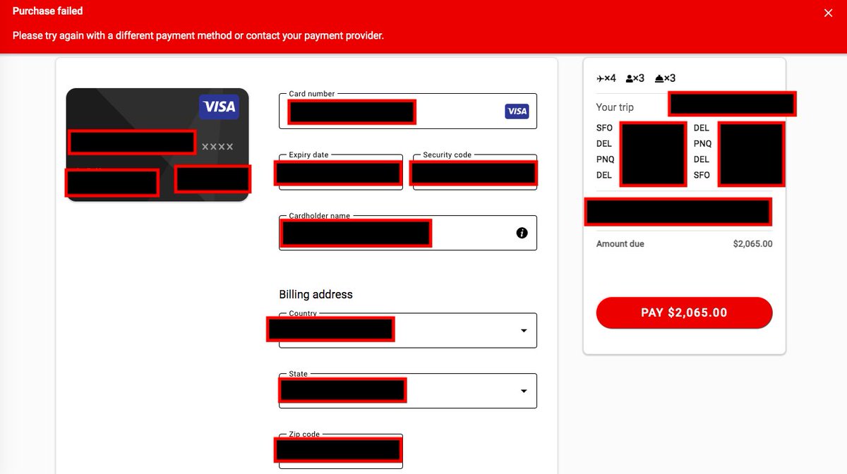 N0v3mberRain's tweet photo. @airindia this payment link hasn’t been working for 2 days. 1st you quoted me 968 USD link never worked. I don’t have screenshot then dynamic pricing 2x price - still not working. Tried 2 cards from diff banks bank says card is good. @MoCA_GoI https://t.co/HU2I6fpv93