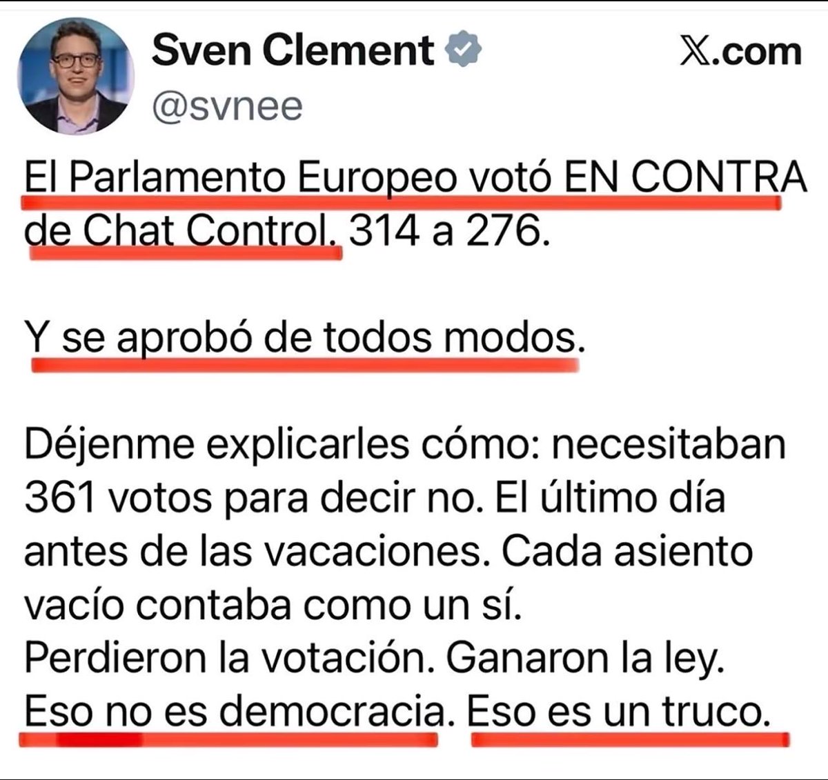 hermanntertsch's tweet photo. Se había rechazado ya dos veces por lo que cambiaron el procedimiento y volvieron a someter al voto lo rechazado pero por un procedimiento que exige la aprobación (en este caso del rechazo) por mayoría de los escaños existentes, no presentes. Así todos los ausentes son de facto un voto contra el rechazo que se suma a peperos, socialistas y demás partidarios del control total, censura, abolición de la privacidad y otro paso hacia el estado policial orweliano.