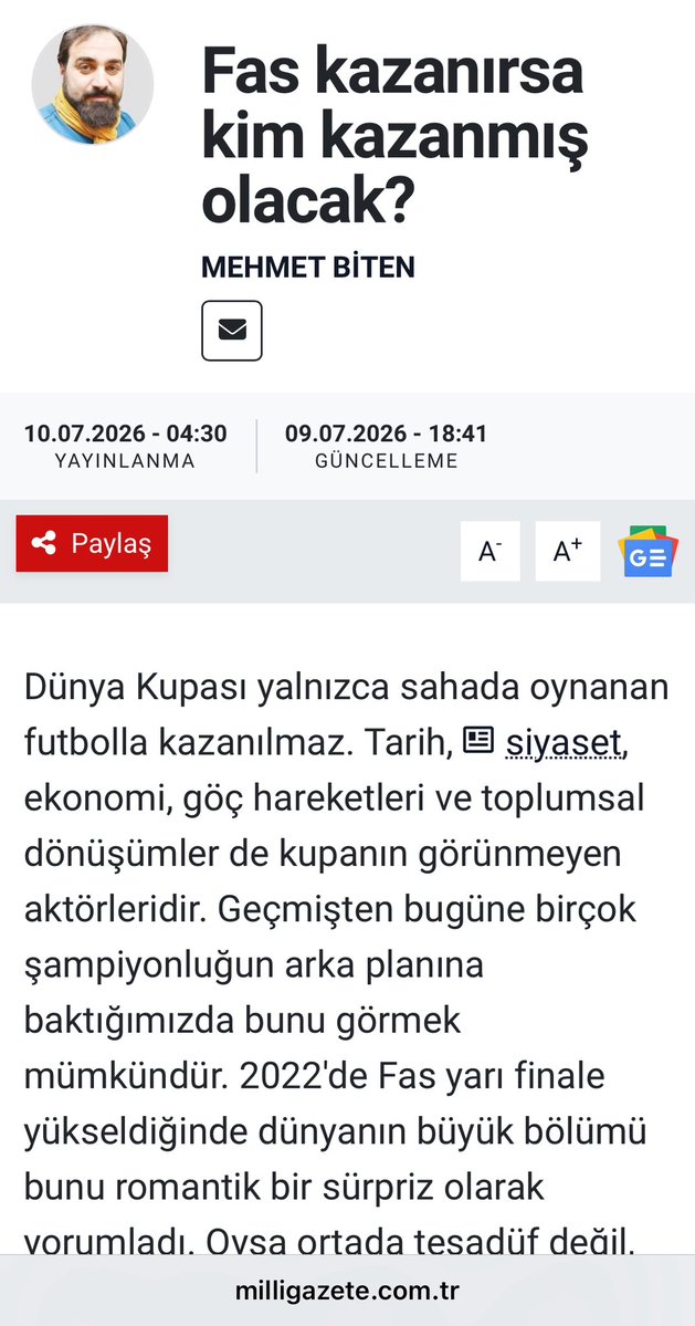 MehmetBiten's tweet photo. Mehmet Biten - Fas Kazanırsa Kim Kazanmış Olacak?

Yazıyı okumak için tıklayınız: 

https://t.co/8SJHAug6eV

@milligazetecom @MehmetBiten
#pazaryazıları #haftaiçiyazıları #sporyazıları @millisporgzt https://t.co/QA7L8KRu2T