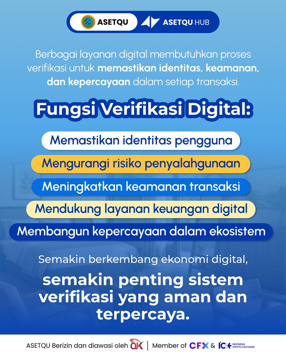 asetquu's tweet photo. Halo Asetra! 👋

Di balik kemudahan berbagai layanan digital, terdapat sistem verifikasi yang membantu menjaga keamanan dan membangun kepercayaan antar pengguna.

Verifikasi digital kini menjadi salah satu fondasi penting dalam perkembangan ekonomi digital yang semakin terhubung. https://t.co/GYYmsT5i0c