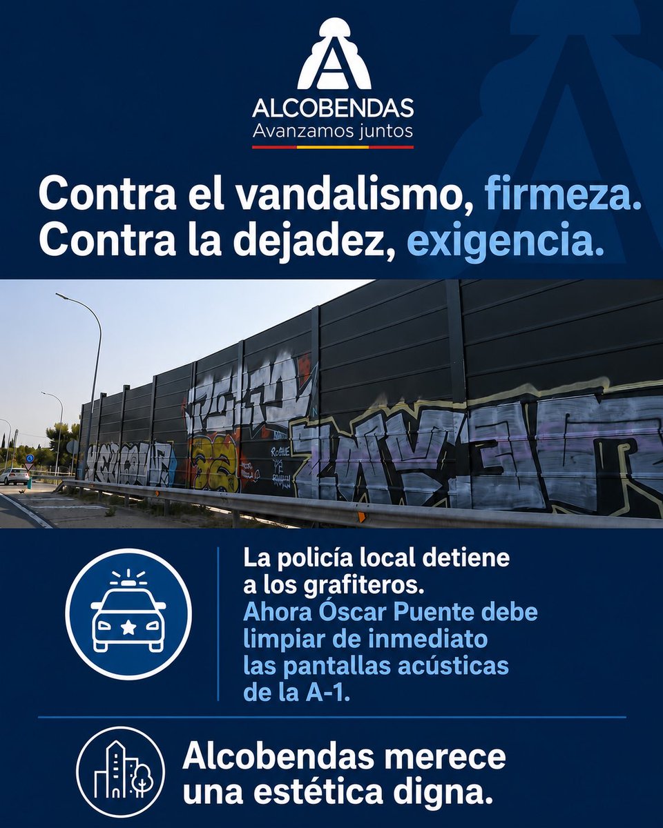 RocioGAlcantara's tweet photo. ❌ Alcobendas no puede esperar más.

😡 Las nuevas pantallas acústicas de la A-1 están llenas de grafitis. El @Alcobendas_ayto actúa contra los vándalos. Ahora le toca actuar al Ministerio.

👉🏼 Pedimos al ministro Óscar Puente limpieza inmediata y una reunión urgente. https://t.co/QJkWoBPYxr