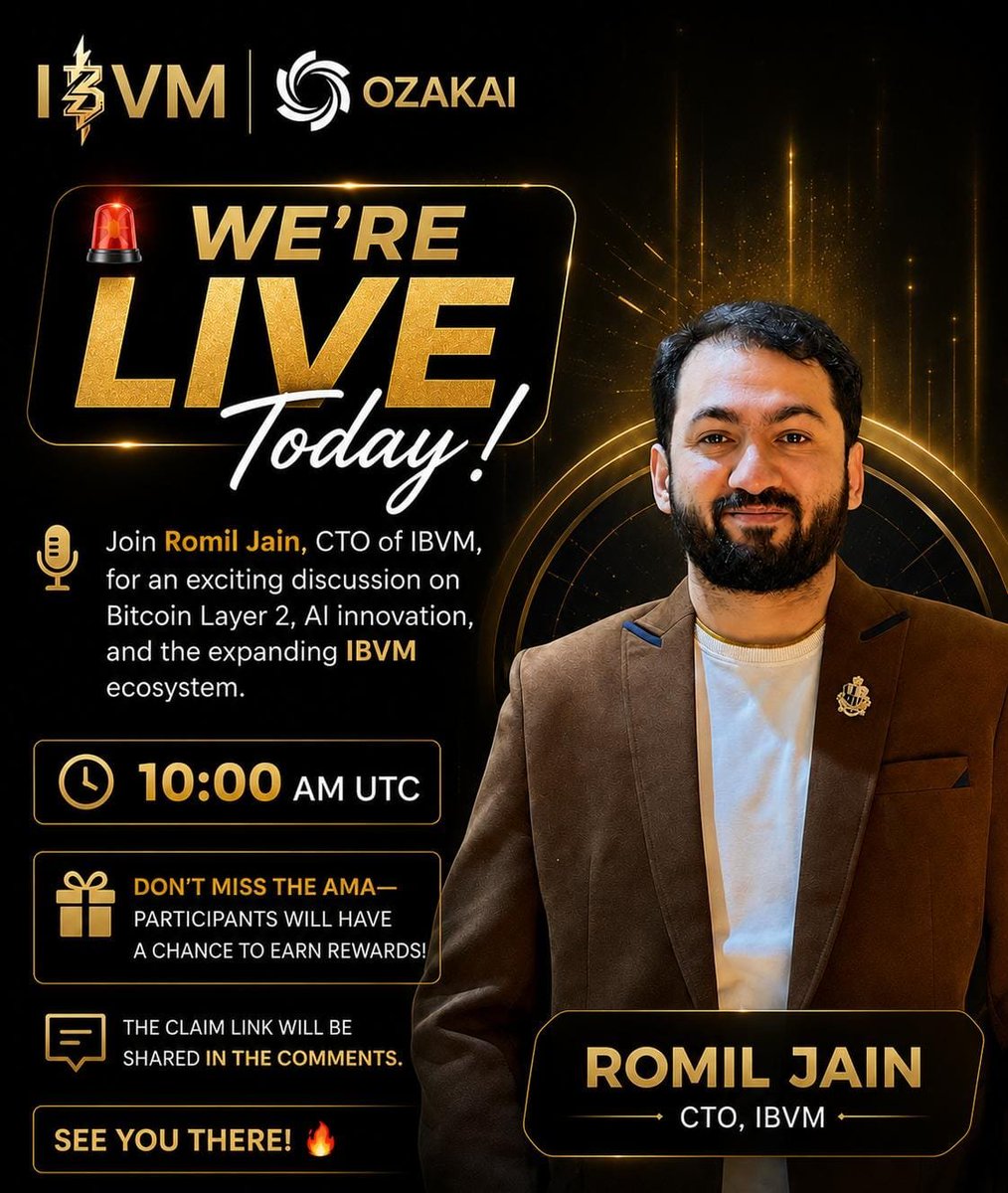 IBVMCHAIN's tweet photo. 🚨 We're LIVE Today! 🚀

🎙️ Join Romil Jain, CTO of IBVM, for an exciting conversation on Bitcoin Layer 2, AI innovation, and the growing IBVM ecosystem.

🕙 10:00 AM UTC

🔗 Tune in here: https://t.co/BxytDS80c2

🎁 Stick around for the AMA! Participants will have a chance to earn rewards. The claim link will be shared in the comments.

See you there! 👋