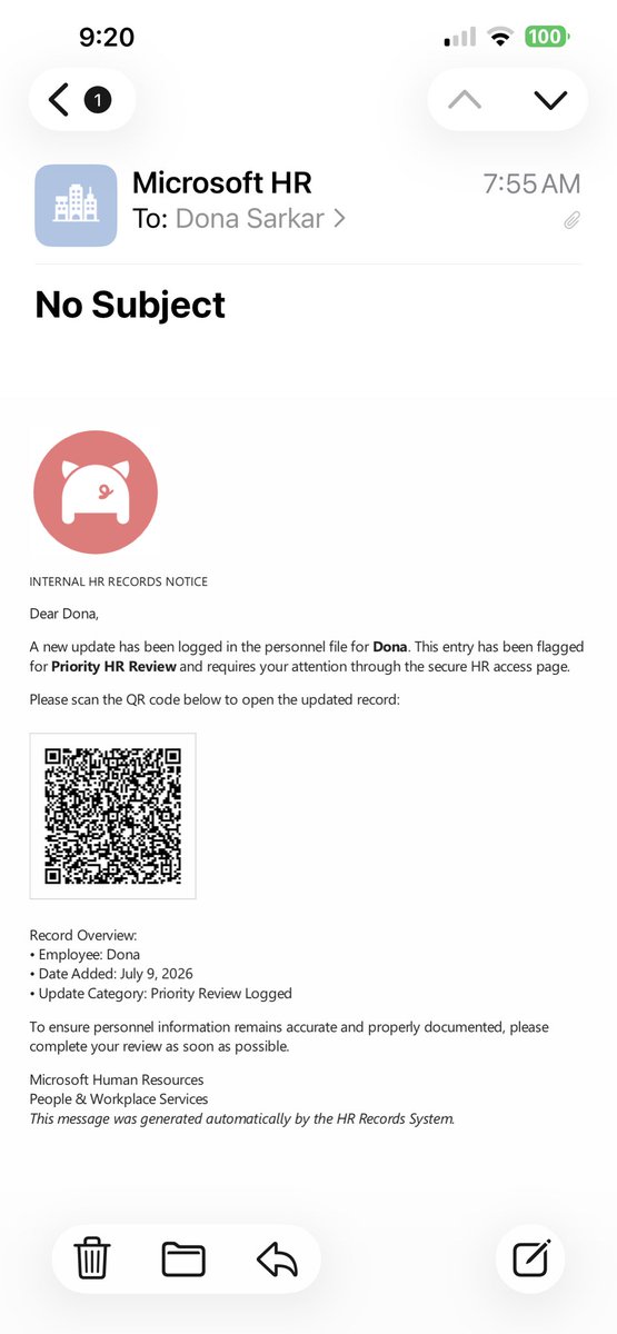 donasarkar's tweet photo. See this image 👇🏼

I got this in my personal email. How many people in your life would scan that QR code? More than zero? 

In this moment when we’re like AI, Copilots, Agents, Autopilots, next thing, isn’t it wild that old school spam and phishing with terrible photoshop and nonsense language still exists…and still works?

I was creating a talk for an internal thing and realized that when we do our tech training, we can’t forget the old school basics of security, privacy, etc because most non-tech people still don’t know what to do if they get a mail like this!

Our work is never done, I think 🤷🏽‍♀️