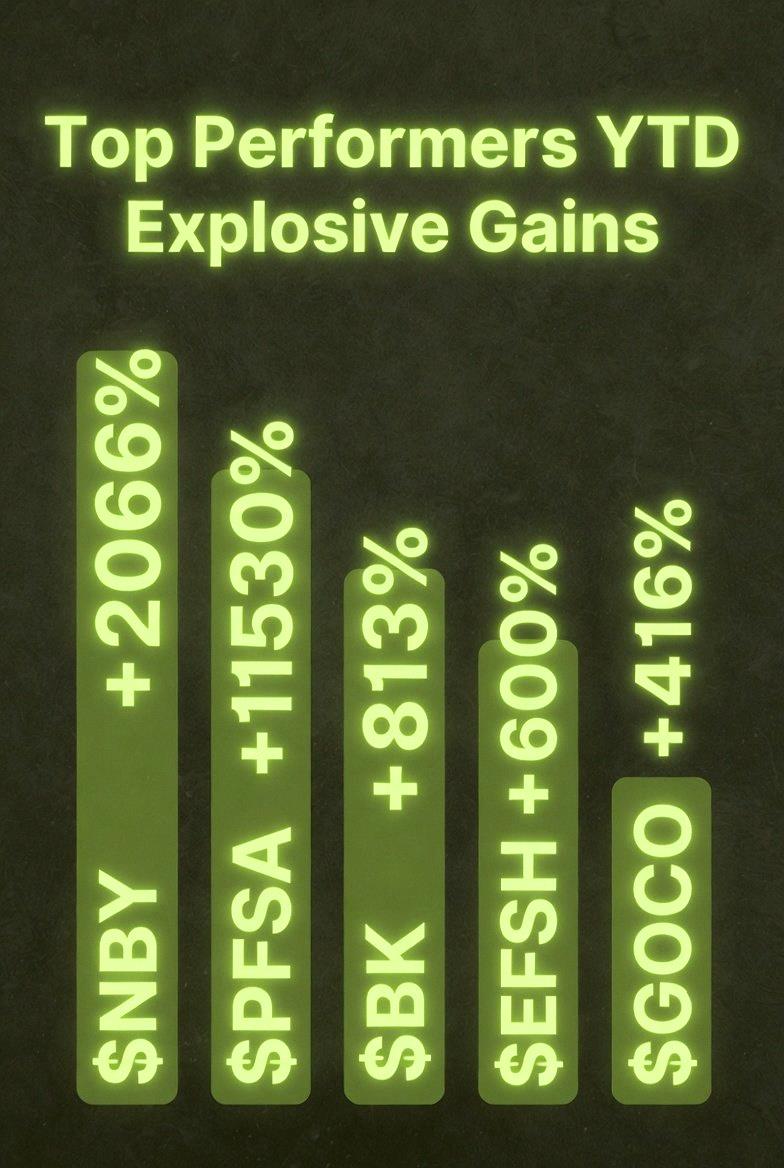 keyryLokz's tweet photo. The top 5 US stocks with the biggest gains this week 🚀🚀🚀
$NBY +2066%
$PFSA +1530%
$BK +813%
$EFSH +600%
$GOCO +416%
Anyone lucky enough to catch these moves? https://t.co/IwjxNQuEqx