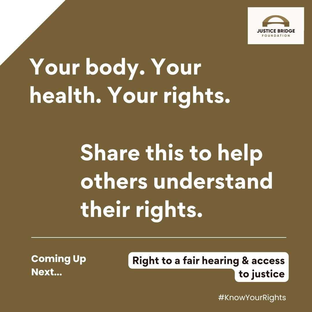 JBF_Official_'s tweet photo. In Episode 3 of our #KnowYourRights series, we explore the right to health and what you can do if you experience discrimination while seeking healthcare.

Health is a right, and respect for that right should never be conditional

#JBF #BridgeToJustice #RightToHealth #HumanRights https://t.co/V5GSlogg1g