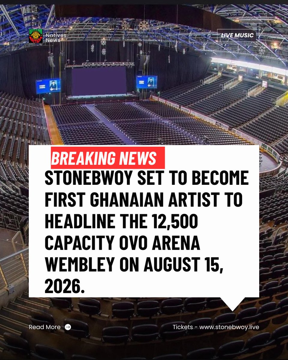 richdudegh_'s tweet photo. 🪩🎤🎟️: Stonebwoy is set to become the first Ghanaian artist to headline the iconic OVO Arena Wembley in London on August 15, 2026.

Tickets 🎫 available via: 
AXS - https://t.co/VsFoLLo52h

TicketsMaster - https://t.co/b1cuTahkUH

Shoobs - https://t.co/lUgcORxjax