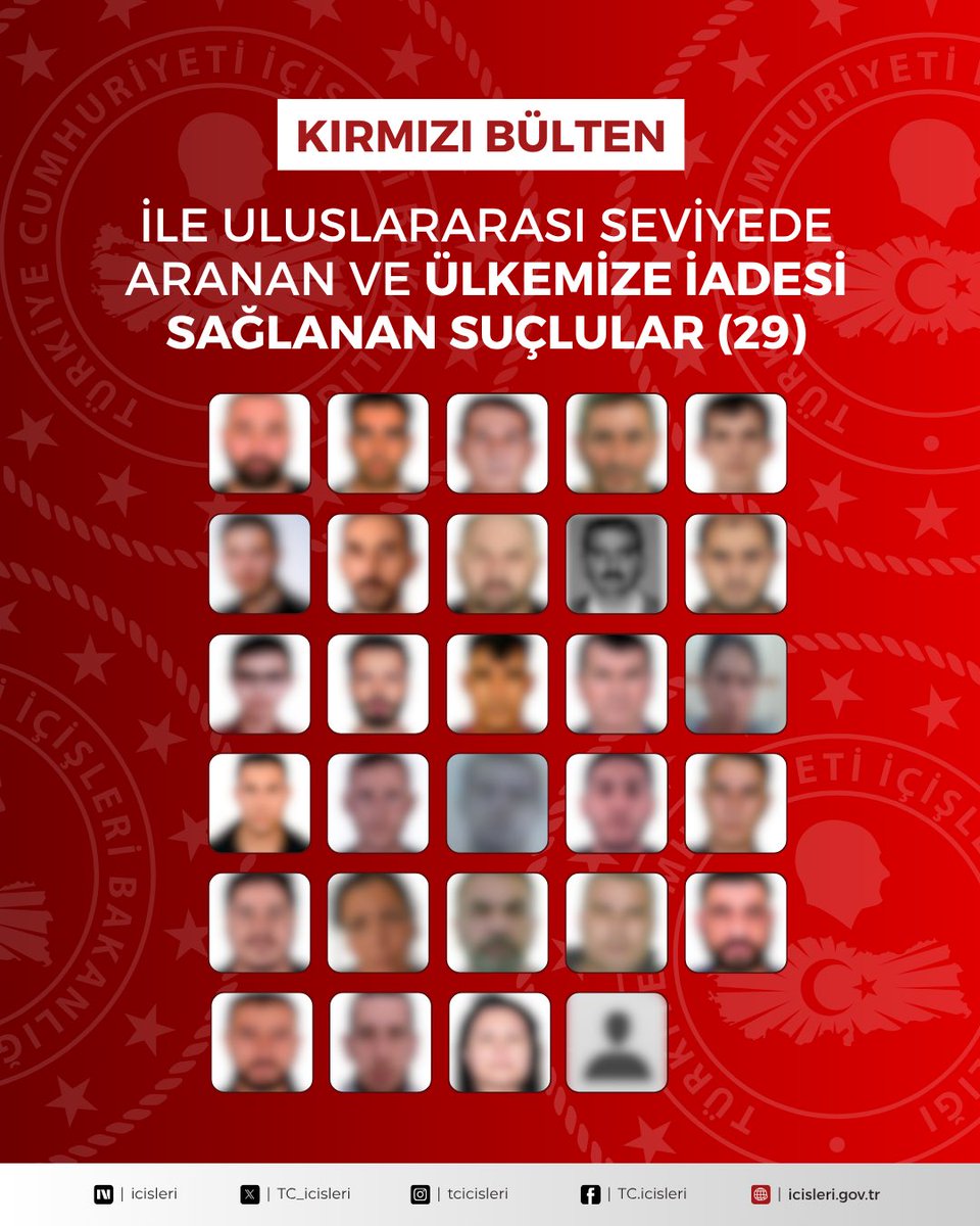 TC_icisleri's tweet photo. 🔴 Kırmızı Bültenle Aranan 29 Suçlu,
❌ Ulusal Seviyede Aranan 25 Suçlu,

GÜRCİSTAN(38), ALMANYA(5), AZERBAYCAN(2), BULGARİSTAN, AVUSTURYA, EKVADOR, FRANSA, HIRVATİSTAN, KAZAKİSTAN, MISIR, YUNANİSTAN ve KUZEY MAKEDONYA’dan ülkemize geri getirildi.

🔴 Kırmızı bültenle uluslararası seviyede aranan (29)
A.A., S.O., Y.T., S.K., F.M., S.M., N.A., S.B., H.K., M.D., Y.B., B.D., L.T., T.Y., B.M., F.E., H.İ.Ç., Ü.M., N.T., K.N., Ç.Y., D.B., C.B., A.D., S.Ö., U.Ç., B.K., Ö.T. ve Y.L. ile

❌ Ulusal seviyede aranan (25)
M.A., S.B., M.A., Ü.K., H.M., F.C., S.Y., M.Ö., B.B., G.B., H.U., N.A., M.A., G.K., H.Ç., K.C., H.K., İ.U., A.İ., B.K., B.A., K.Y., B.Y., H.A. ve Ü.G. isimli şahıslar yakalandı ve ülkemize iadeleri sağlandı.

EGM Interpol-Europol Daire Başkanlığı, Adalet Bakanlığı görevlileri, KOM, İstihbarat ve Narkotik Suçlarla Mücadele Başkanlıkları, Siber, Asayiş ve TEM Daire Başkanlıklarınca; yurt dışına kaçan ve haklarında arama kararı bulunan şahısların izini titizlikle sürdük. İlgili ülkelerin kolluk birimleriyle yürütülen ortak işbirliğiyle yakalanan şahısların ülkemize iadeleri sağlandı.

Kırmızı bültenle ve ulusal seviyede aradığımız, organize suç örgütü üyelerini, zehir tacirlerini yakalayıp ülkemize geri getirmeye devam ediyoruz.

Kahraman Polislerimizi, Başkanlıklarımızı, Daire Başkanlıklarımızı ve emeği geçenleri tebrik ediyoruz. 

Adalet Bakanlığı görevlilerine teşekkür ediyoruz.